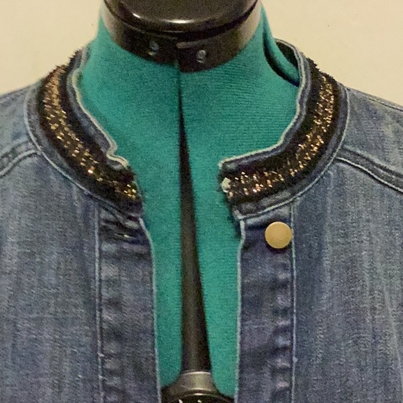 Chico’s Jean Jacket w/Golden Black Ribbon on Collar & pockets size 2 - Picture 2 of 10